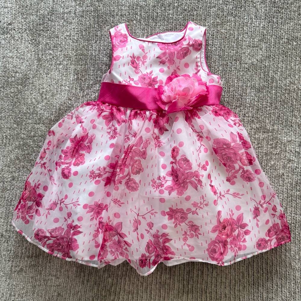 Marmellata Pink Floral Party Dress 2T Tulle‎ Overlay Bow Waist Toddler Dress